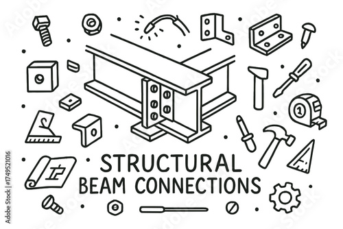 Structural Beam Doodles. Structural beam connections. Hand-drawn doodle illustration of Structural beam