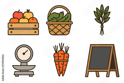 Fresh fruits and vegetables in crates and baskets with market tools like a scale and chalkboard sign