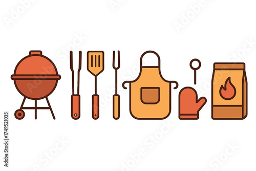 Set of barbecue grilling equipment including charcoal grill, apron, mitt, and cooking tools