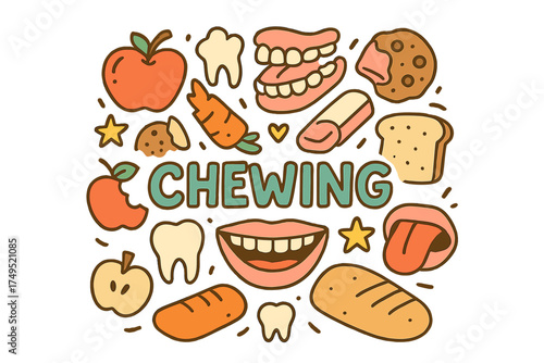 Chewing Doodle Illustration. Chewing. Hand-drawn doodle illustration of Chewing. teeth, molar, jaw, tongue,