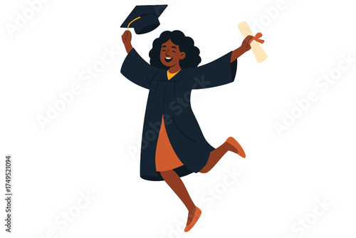 Joyful Black woman graduate jumping high holding diploma and cap celebrating academic success