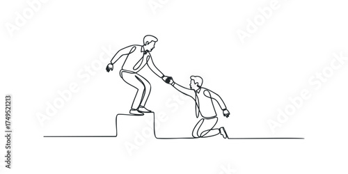 Man reaching hand to help another man up from ground