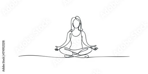 Single line drawing of woman meditating in lotus pose