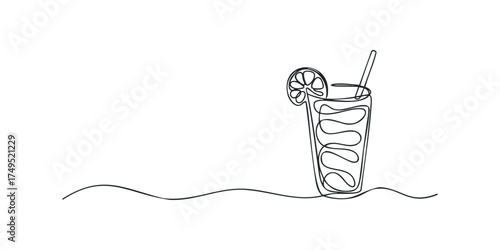 Single Line Drawing of Refreshing Drink with Lemon Slice