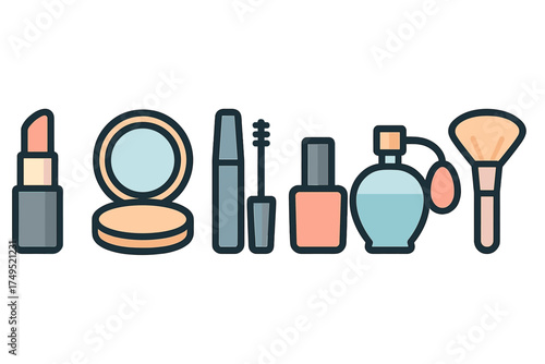 Essential beauty and cosmetic products set featuring makeup tools and fragrance items