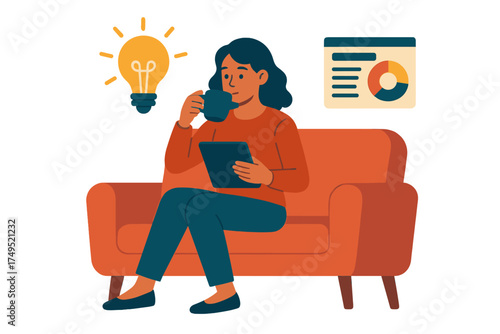 Woman relaxing on sofa using tablet for business analysis and generating creative ideas