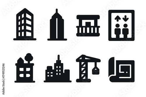 Modern Building Icons. Modern Buildings. Filled icon set of Modern Buildings: glass tower, skyscraper, balcony