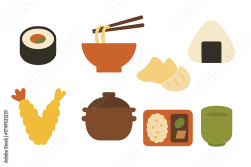 Collection of traditional Japanese dishes and meal elements including sushi, ramen, and tempura