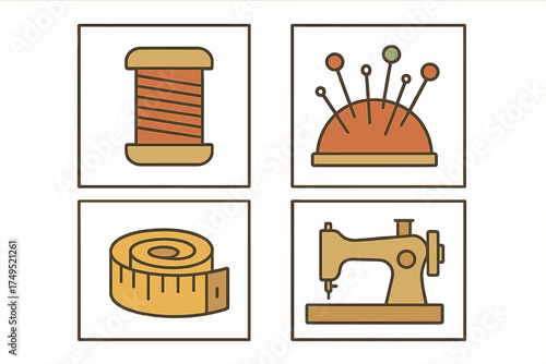 Essential sewing and tailoring tools set: spool of thread, pincushion, measuring tape, sewing machine
