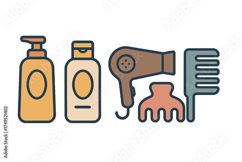 Essential hair care and styling tools set with shampoo, conditioner, hairdryer, comb, and clip