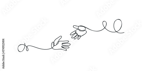 Two hands reaching for each other in minimalist line art