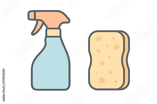 Essential cleaning tools including a plastic spray bottle and absorbent sponge