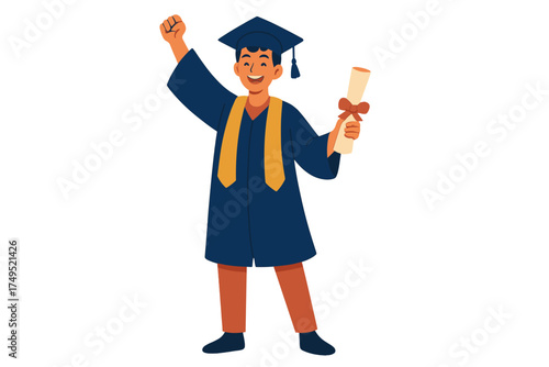 Joyful graduate student celebrating academic achievement holding diploma and raising triumphant fist