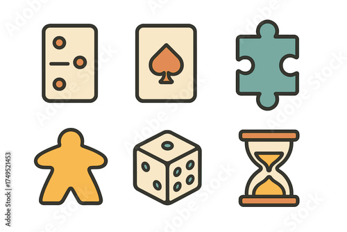 Retro style board game icons collection featuring dice, domino, meeple, puzzle, card, and hourglass