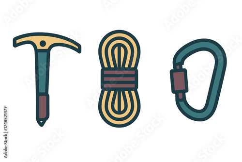 Essential climbing and mountaineering gear set including ice axe, coiled rope, and safety carabiner