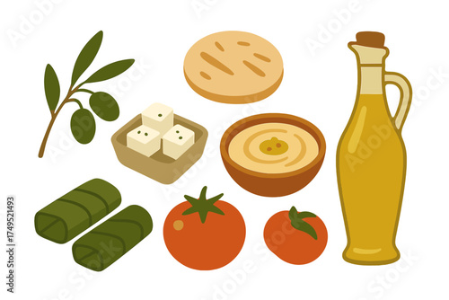 Traditional Mediterranean and Greek cuisine ingredients set including olive oil, feta cheese, and hummus