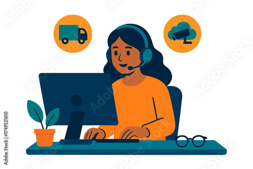 Smiling female customer support representative assisting clients online with logistics and security issues