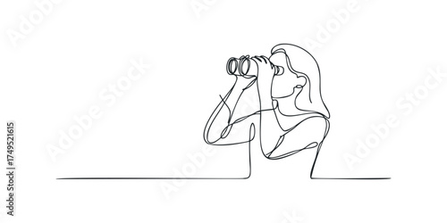 Woman Looking Through Binoculars Single Line Drawing