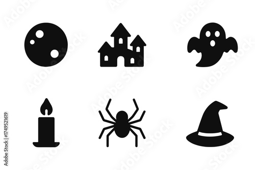 Halloween Icon Set. Night Frights. Filled icon set of Night Frights: full moon, haunted house, bat, ghost,