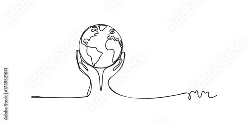 Hands Cupping Planet Earth In Single Line Drawing