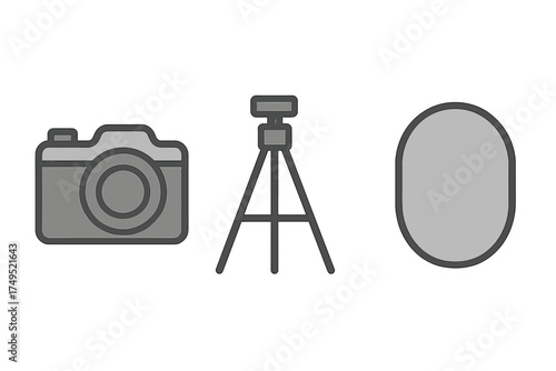 Monochrome set of photography gear symbols: digital camera, tripod, and oval reflector