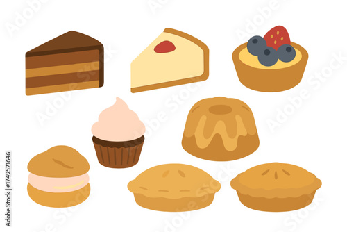 Assortment of delicious baked goods including cake slices, cheesecake, fruit tart, pies, and cupcakes
