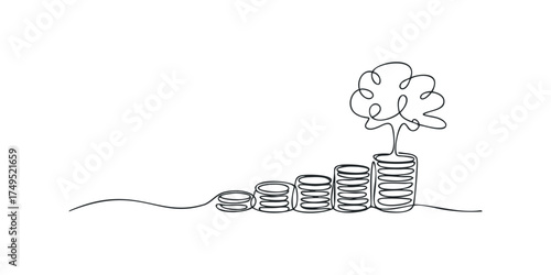 Money growth represented by stacked coins and a tree