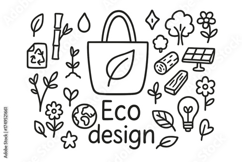 Eco Design Doodle. Eco design. Hand-drawn doodle illustration of Eco design. In the middle, one slightly