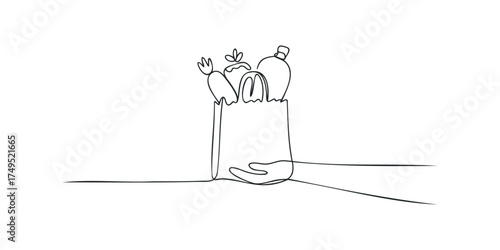 Single line drawing of a hand holding a grocery bag with food items