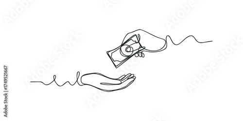 Hand giving money in one line drawing
