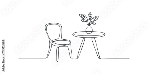 Minimalist single line drawing of a chair and a table with a plant