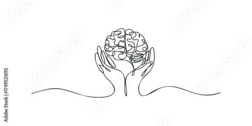 Hands cradling a continuous line drawing of a human brain