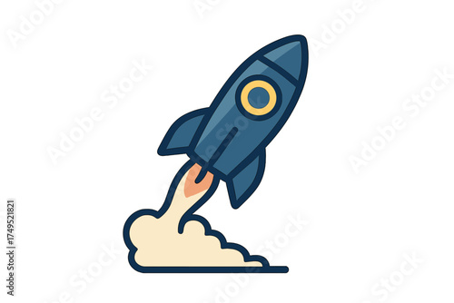 Modern blue space rocket taking off rapidly with a trail of orange fire and beige smoke