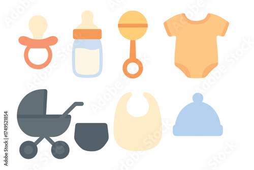 Set of newborn essentials featuring a pacifier, feeding bottle, onesie, stroller, and bib