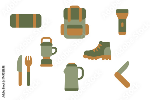 Essential outdoor adventure and camping gear collection featuring backpack, hiking boot, and survival tools