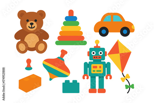 Colorful classic children's toys collection featuring a teddy bear robot car and stacking rings