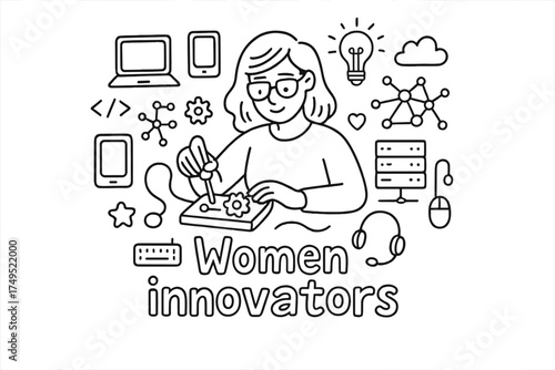 Women Innovators Doodle. Women innovators. Hand-drawn doodle illustration of Women innovators. In the middle,