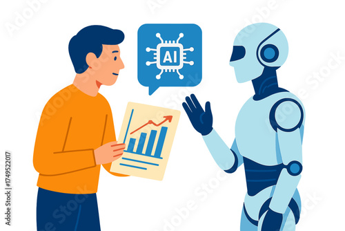 Professional man showing business performance data chart to a futuristic humanoid robot