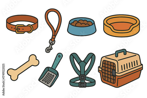 Set of essential dog care accessories including leash collar bowl bed and carrier