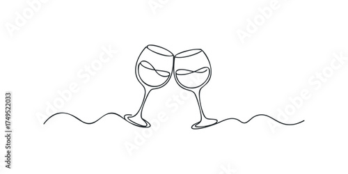 Two wine glasses clinking together abstract line drawing