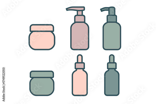 Minimalist set of cosmetic packaging icons including cream jars pump dispensers and serum dropper bottles