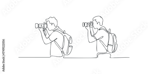 Line drawing of two backpackers taking photos