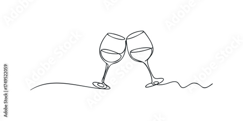 Two wine glasses clinking together with abstract line art