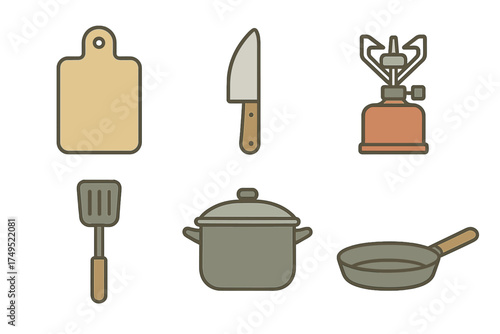 Essential kitchen and camping cooking tools set with knife, pot, pan, and portable stove