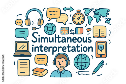 Simultaneous Interpretation Doodles. Simultaneous interpretation. Hand-drawn doodle illustration of