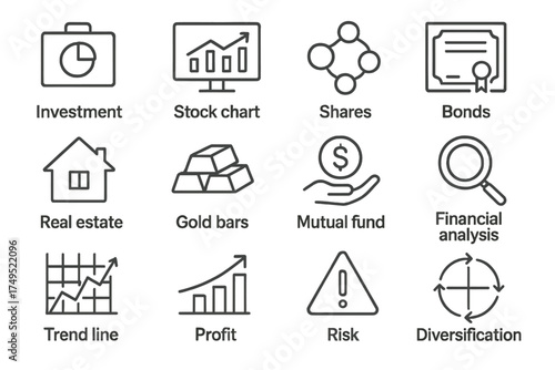 Financial Planning Icons. Financial planning. Line outline icon set of Financial planning: investment