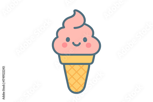 A delightful and cheerful pink soft serve ice cream character with a smiling face served in a crispy waffle cone cup