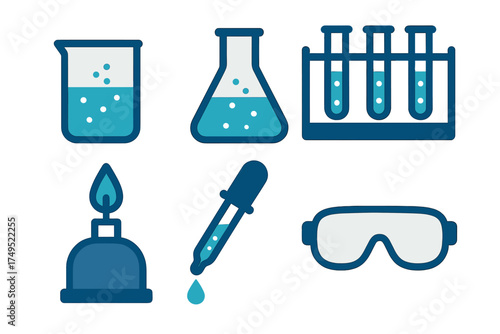 Essential chemistry laboratory equipment including glassware, safety goggles, and heating apparatus