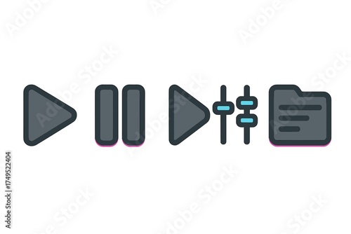 Media player interface icons set with play pause skip controls volume sliders and folder symbol