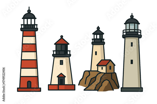 Set of four stylized lighthouses for nautical guidance and coastal landmarks